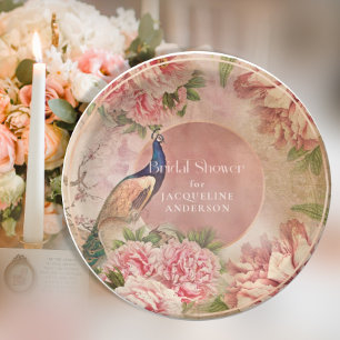 Plato De Papel Viejo Peacock Elegante Peony Pink Bridal Shower