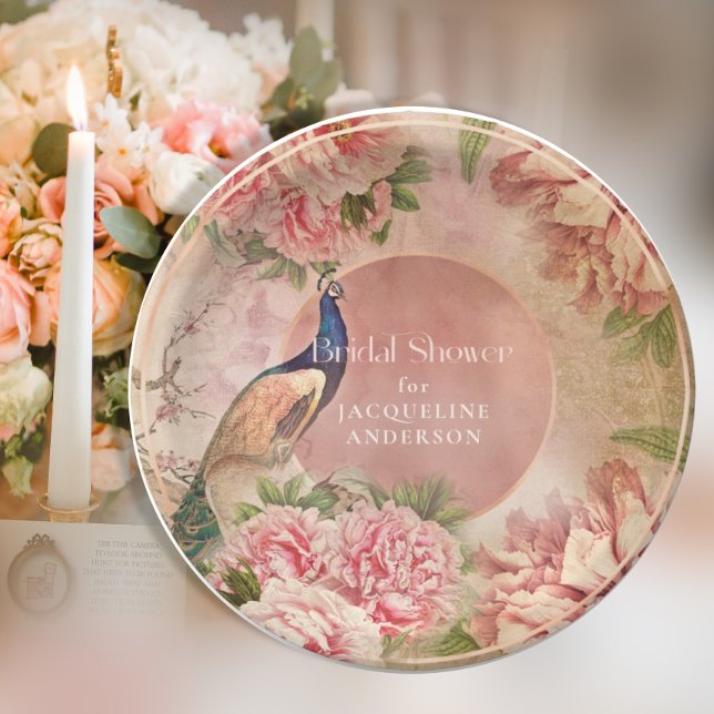 Plato De Papel Viejo Peacock Elegante Peony Pink Bridal Shower (Subido por el creador)