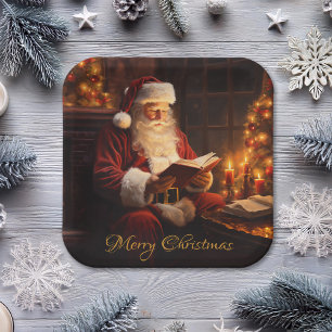 Plato De Papel Viejo Santa leyendo un libro
