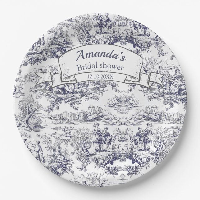 Plato De Papel Viejo toile negro floral de jouy Ducha de novia (Anverso)