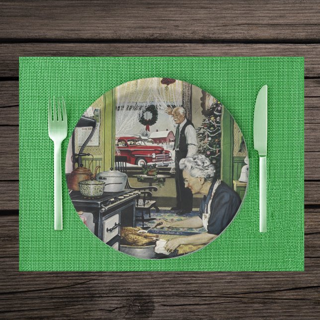 Plato De Papel Viejos Navidades de cocina casera de moda (Vintage scene cooking holiday turkey in grandma's kitchen on paper party plates.)