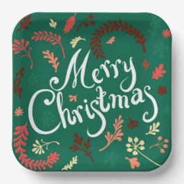 Plato De Papel Vignette of winter leaves Merry Christmas green