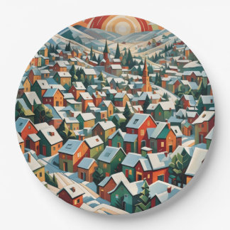 Plato De Papel village d'hiver sous la neige vintage