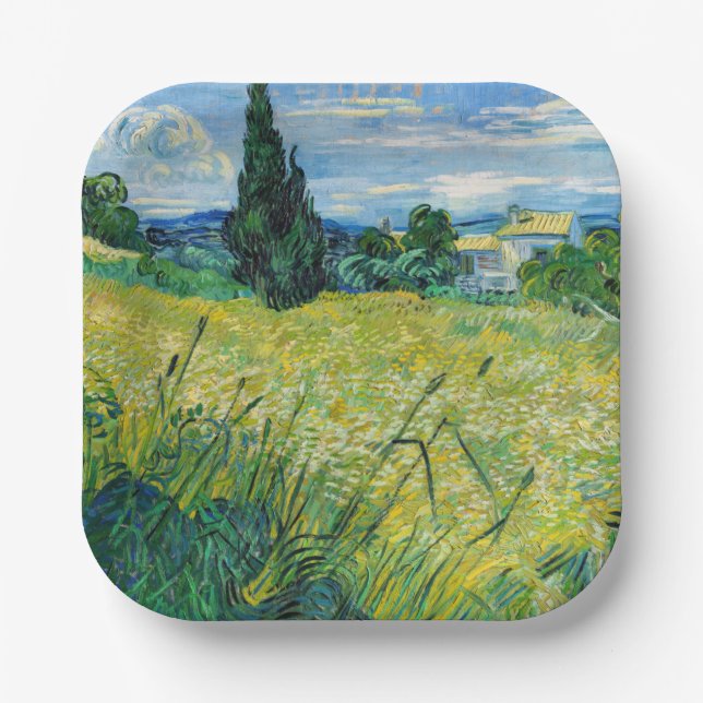 Plato De Papel Vincent van Gogh - Campo de Trigo Verde con Cypres (Anverso)
