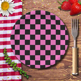 Plato De Papel Viñeta de tablero de ajedrez rosa y negro