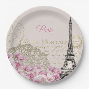 Plato De Papel Viñeta Eiffel Torre Paris Postcard