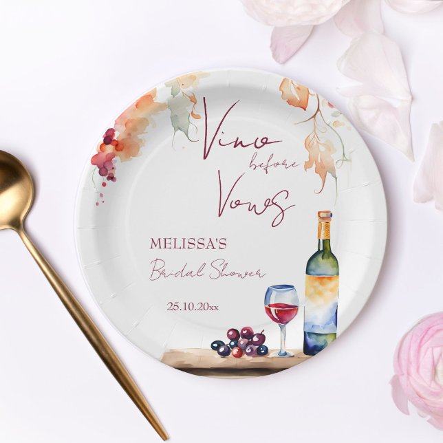 Plato De Papel Vino antes de los votos ducha de novia impresa (Vino before vows winery vineyard wine bridal shower printed paper plates personalized table decor)