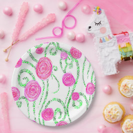 Plato De Papel Vinos de flores verdes y rosas