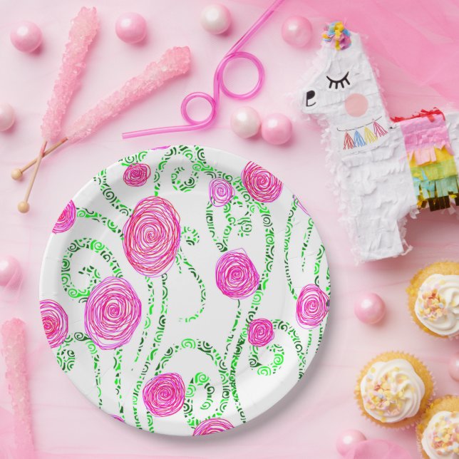 Plato De Papel Vinos de flores verdes y rosas (Fiesta)