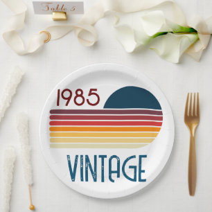 Plato De Papel Vintage 1985 Retro Stripe Sun 40 cumpleaños