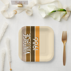 Plato De Papel Vintage 1986 Rayas Retro Marrón Beige Vintage