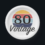 Plato De Papel Vintage 80th Birthday Sunset<br><div class="desc">Un diseño de cumpleaños hito con un atardecer de color retro vintage que tiene un efecto falso angustiado.</div>