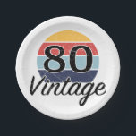 Plato De Papel Vintage 80th Birthday Sunset<br><div class="desc">Un diseño de cumpleaños hito con un atardecer de color retro vintage que tiene un efecto falso angustiado.</div>