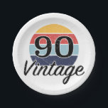 Plato De Papel Vintage 90th Birthday Sunset<br><div class="desc">Un diseño de cumpleaños hito con un atardecer de color retro vintage que tiene un efecto falso angustiado.</div>