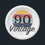 Plato De Papel Vintage 90th Birthday Sunset<br><div class="desc">Un diseño de cumpleaños hito con un atardecer de color retro vintage que tiene un efecto falso angustiado.</div>
