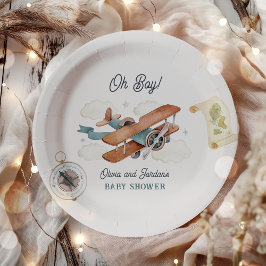 Plato De Papel Vintage Airplane Boy Travel Baby Shower