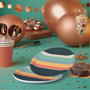 Plato De Papel Vintage años 70 con rayas azul marino rosa y amari