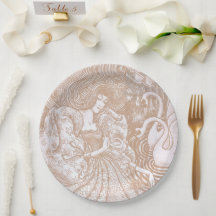 Vintage Art Nouveau Cream Floral Woman & Swans