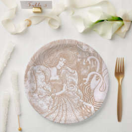 Plato De Papel Vintage Art Nouveau Cream Floral Woman & Swans