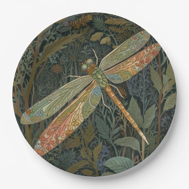 Plato De Papel Vintage art nouveau green gold Dragonfly (Anverso)