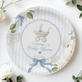 Plato De Papel Vintage Baby Carriage French Stripes Baby Shower