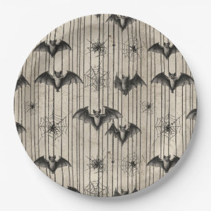 Plato De Papel Vintage Bats and Spiderwebs en tiras angustiadas