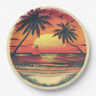 Plato De Papel Vintage Beach Sunset Tropical Fiesta Hawai