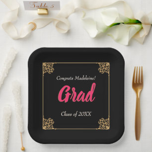 Plato De Papel Vintage Black Gold Baroque Frame Pink Graduation