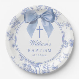 Plato De Papel Vintage Blue Bow Floral Baptism Christening