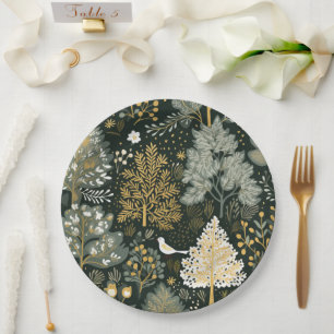 Plato De Papel Vintage Boho White Green Gold Árboles de Navidad
