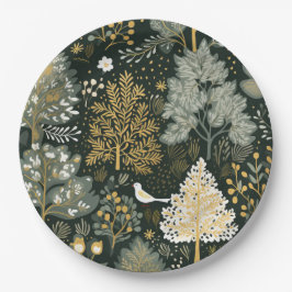 Plato De Papel Vintage Boho White Green Gold Árboles de Navidad