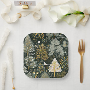 Plato De Papel Vintage Boho White Green Gold Árboles de Navidad