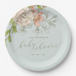 Plato De Papel Vintage Botanical Peach & Blue Floral Baby Shower