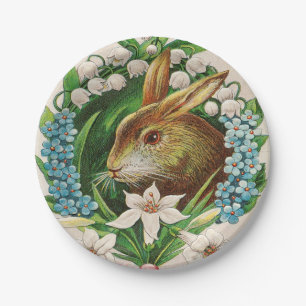 Plato De Papel Vintage Bunny Floral Wreath Saludos de Pascua