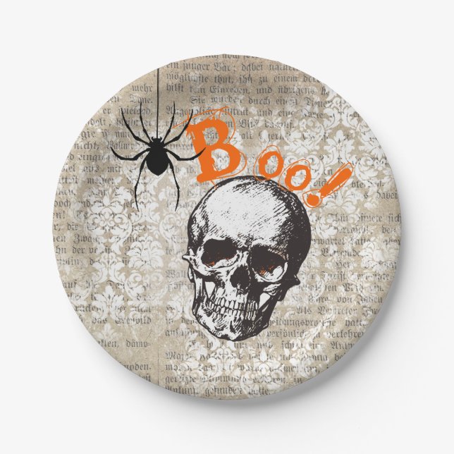 Plato De Papel Vintage Calavera y Araña Halloween (Anverso)