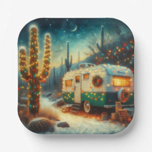 Plato De Papel Vintage Camper Navidades en el desierto Saguaro Ca