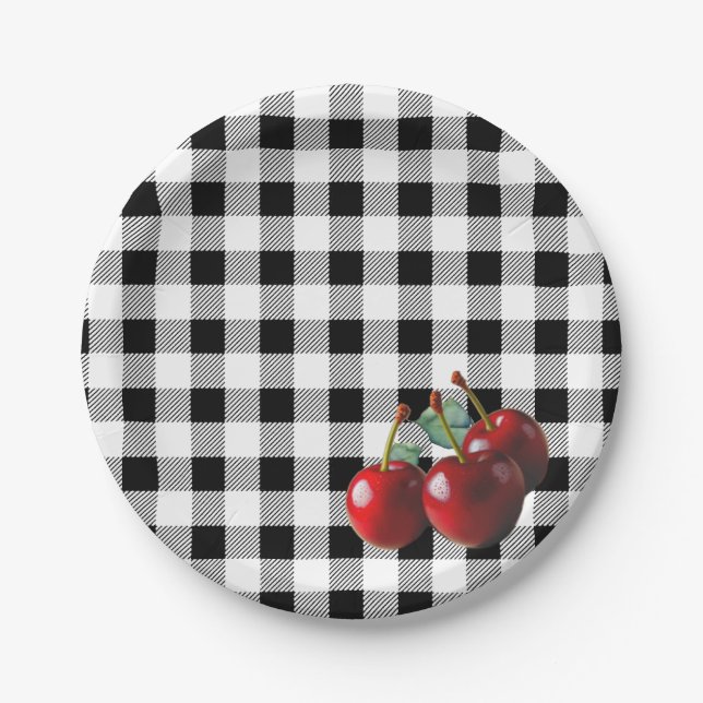Plato De Papel Vintage Cherries black white gingham (Anverso)
