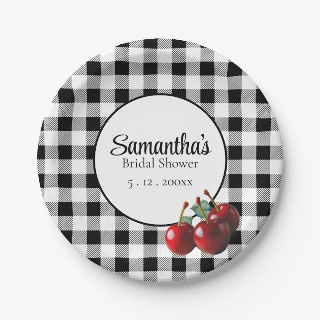 Plato De Papel Vintage Cherries gingham blanco negro (Anverso)