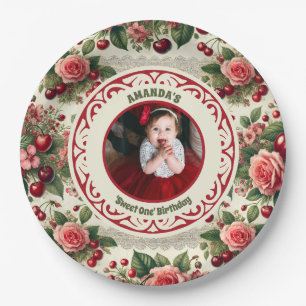 Plato De Papel Vintage Cherry 'Sweet One' 1er cumpleaños foto