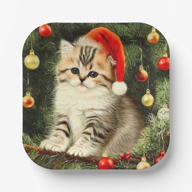 Plato De Papel Vintage Christmas Kitten (Anverso)