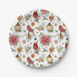 Plato De Papel Vintage Christmas Red Bird Poinsettia Pattern