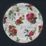 Plato De Papel Vintage Christmas Rosa Joyeux Noel Ephemera<br><div class="desc">Elegante y ricamente detallada composición floral vintage de Navidad sin fisuras con tipografía "Joyeux Noel",  escritura manuscrita,  gráfico postal,  hueco,  mistletoe,  y rosas de color rojo y marfil profundo con antecedentes de pergamino envejecido.</div>