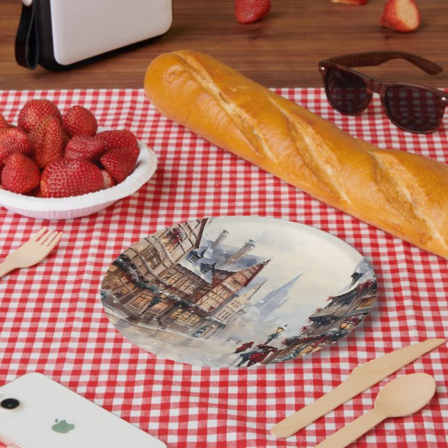 Plato De Papel Vintage Christmas Village Street Holiday (Picnic)