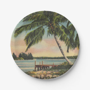 Plato De Papel Vintage Coconut Palmas Breeze Tropical Sunset