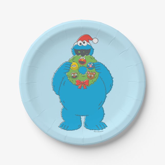 Plato De Papel Vintage Cookie Monster Navidades Wreath (Anverso)
