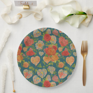 Plato De Papel Vintage Corazones Victorianos Y Rosas Cazan Verde