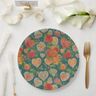 Plato De Papel Vintage Corazones Victorianos Y Rosas Cazan Verde