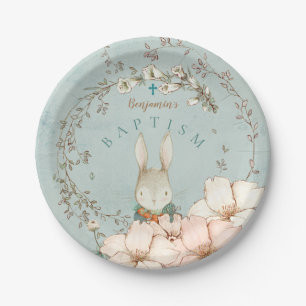 Plato De Papel Vintage Cute Bunny Botanboy Boy Green Baptism