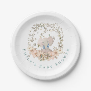 Plato De Papel Vintage Cute Elephant Florant Boy Baby Shower