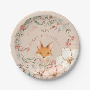 Plato De Papel Vintage Cute Fox Florals Chica Primer cumpleaños